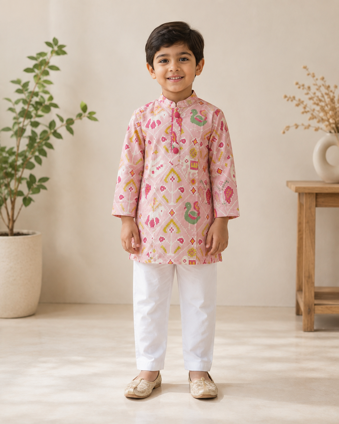 Pink Patola Print Silk Kurta with Classic White Elasticated Pyjama