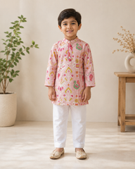 Pink Patola Print Silk Kurta with Classic White Elasticated Pyjama