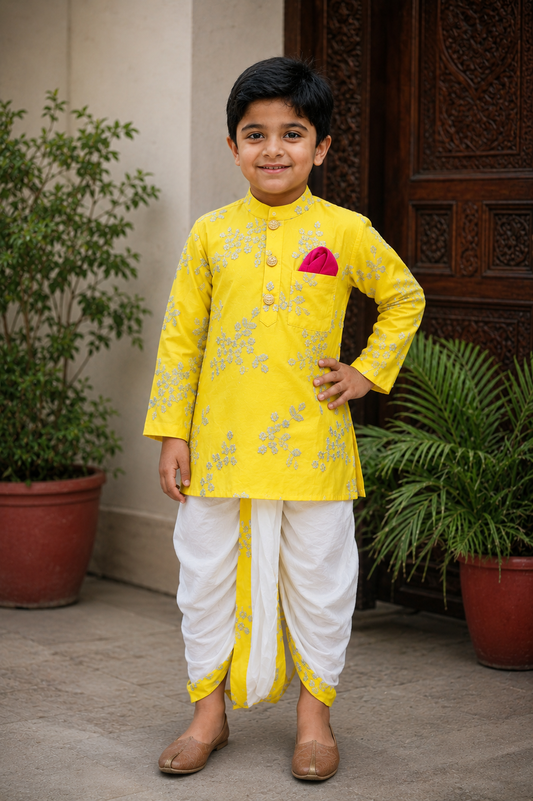 Yellow Embroidered Kurta And White Dhoti for boys