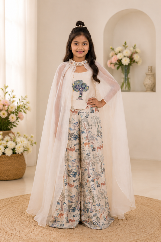Ivory Organza Cape Set with Embroidered Silk Top & Printed Silk Palazzo