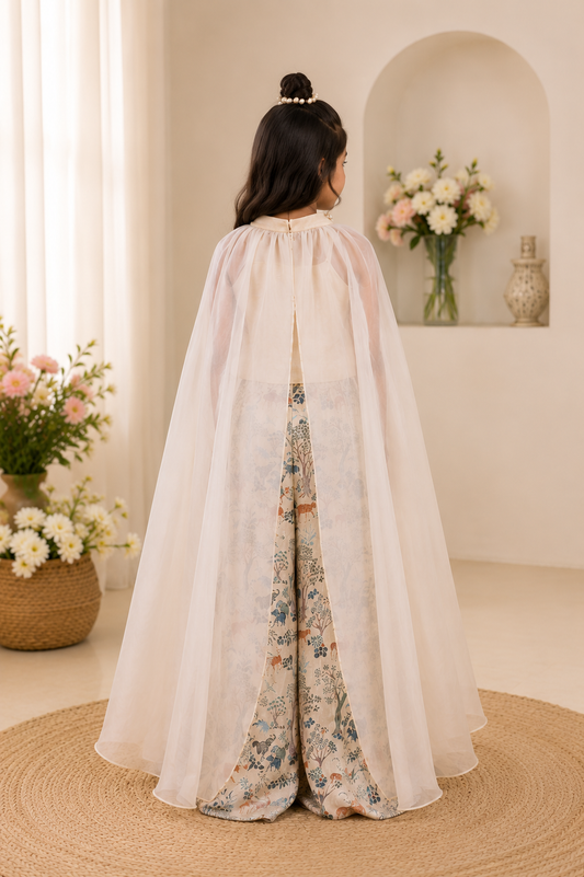 Ivory Organza Cape Set with Embroidered Silk Top & Printed Silk Palazzo