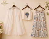 Ivory Organza Cape Set with Embroidered Silk Top & Printed Silk Palazzo