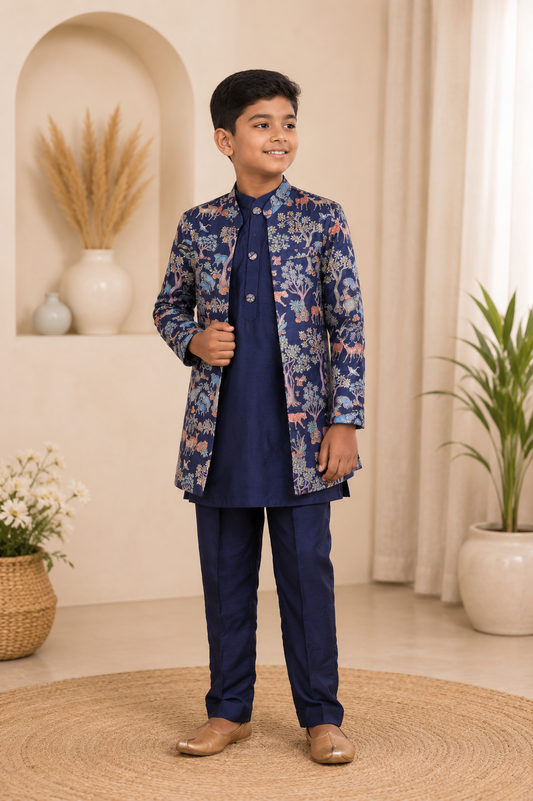 Royal navy blue kurta set with a statement printed jacket| Designer Kids Ethnic Wear | Kirti Agarwal