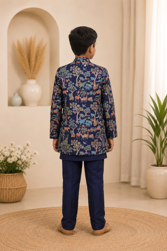 Royal navy blue kurta set with a statement printed jacket| Designer Kids Ethnic Wear | Kirti Agarwal