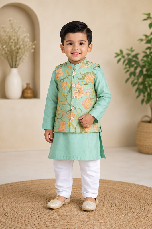 Mint green kurta set with a floral printed jacket| Designer Kids Ethnic Wear | Kirti Agarwal