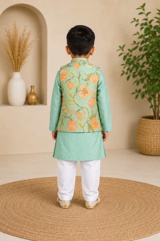 Mint green kurta set with a floral printed jacket| Designer Kids Ethnic Wear | Kirti Agarwal