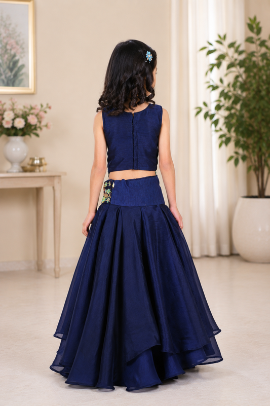 Navy Blue Embroidered Satin Organza Lehenga Set with Beaded Tassel Top