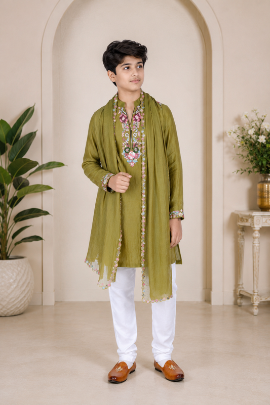 Elegant embroidered olive green kurta set with a matching dupatta| Designer Kids Ethnic Wear | Kirti Agarwal