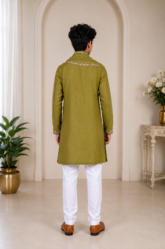 Elegant embroidered olive green kurta set with a matching dupatta| Designer Kids Ethnic Wear | Kirti Agarwal