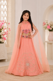 Peach Embroidered Chanderi Silk Lehenga Set with Attached Organza Cape