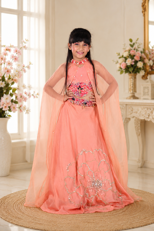 Peach Embroidered Chanderi Silk Lehenga Set with Attached Organza Cape