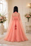 Peach Embroidered Chanderi Silk Lehenga Set with Attached Organza Cape