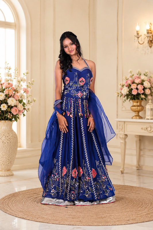 Royal Blue Embroidered Pure Chanderi Silk Lehenga Set with Pure Organza Dupatta