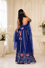 Royal Blue Embroidered Pure Chanderi Silk Lehenga Set with Pure Organza Dupatta