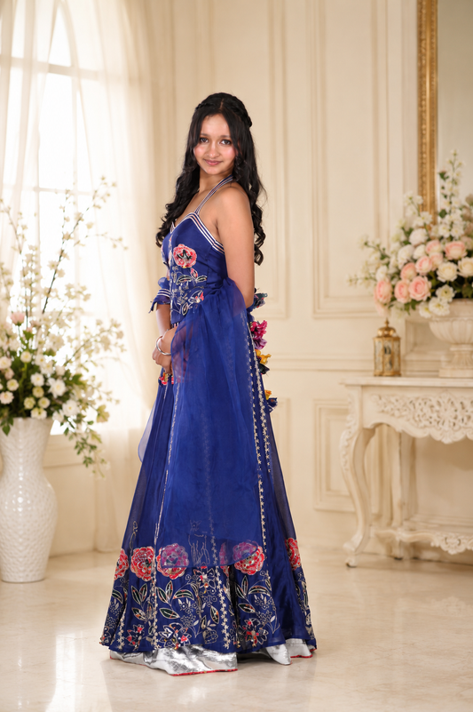Royal Blue Embroidered Pure Chanderi Silk Lehenga Set with Pure Organza Dupatta