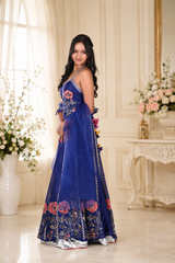 Royal Blue Embroidered Pure Chanderi Silk Lehenga Set with Pure Organza Dupatta
