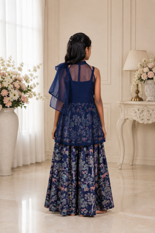 Tree Patchwork Navy blue Cape With Forest Inspired Palazzo And Top