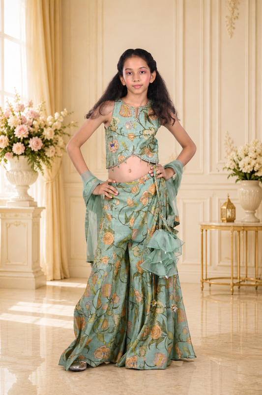 Sage Green Floral Printed Chanderi Silk Palazzo Set with Organza Dupatta & Potli Bag