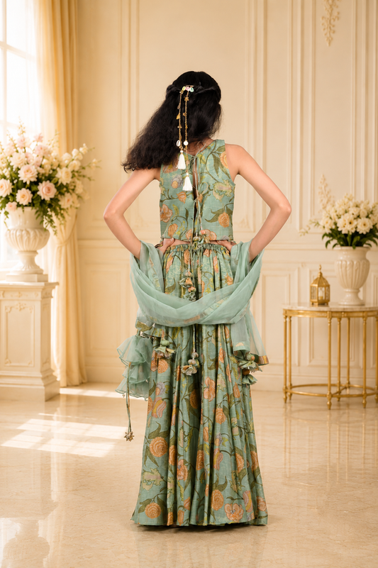 Sage Green Floral Printed Chanderi Silk Palazzo Set with Organza Dupatta & Potli Bag
