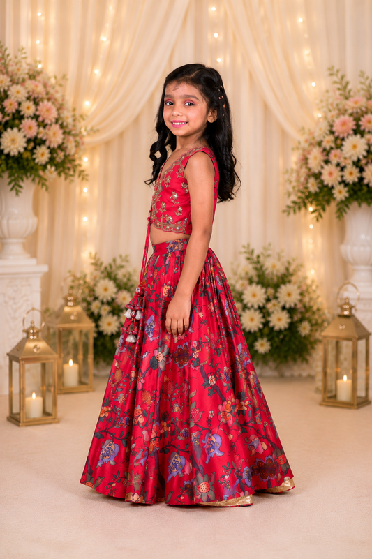 Crimson Red Pure Chanderi Silk Embroidered Lehenga Set for Girls