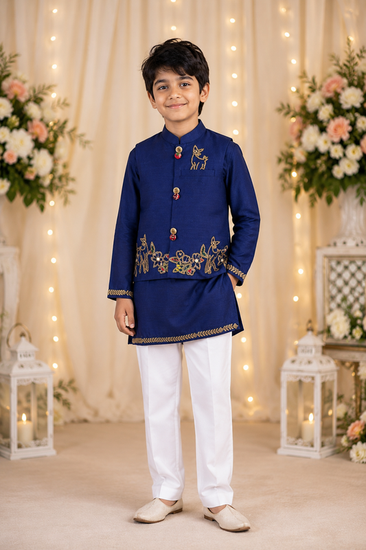Regal royal blue embroidered jacket set| Designer Kids Ethnic Wear | Kirti Agarwal