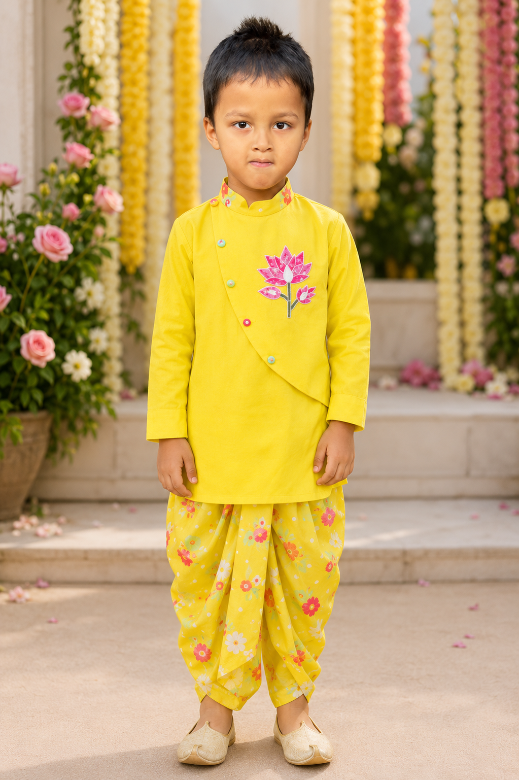 Lotus Embroidered Kurta with Printed Dhoti