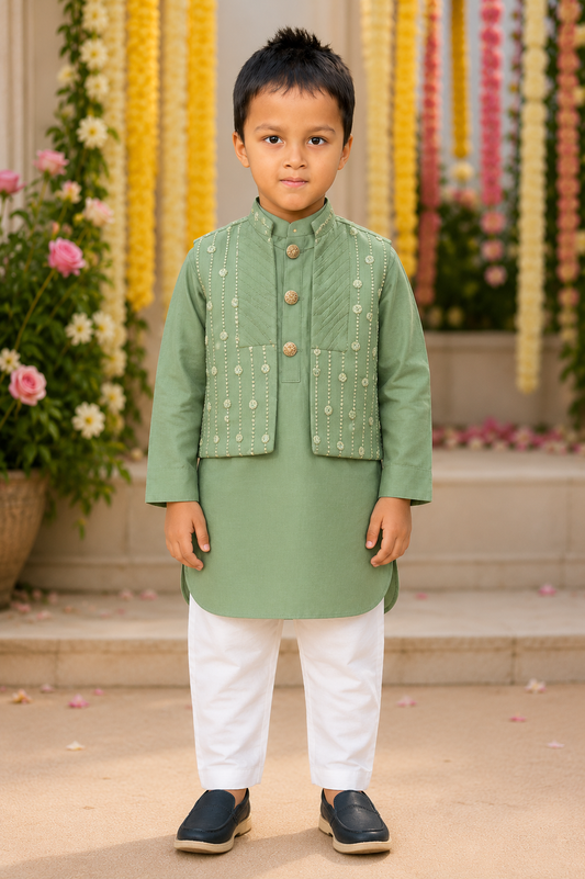 Green Embroidered Bandi with Kurta and Chudidar