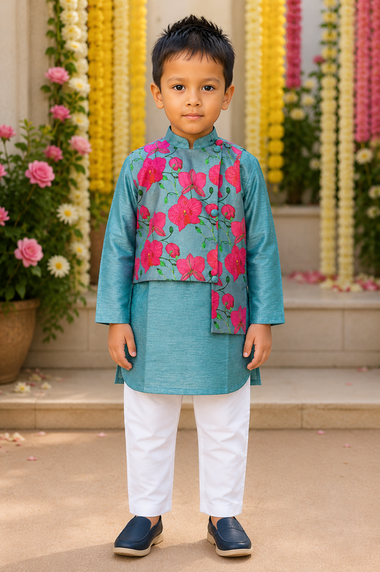 Flower Print Jacket style Kurta and Pajama