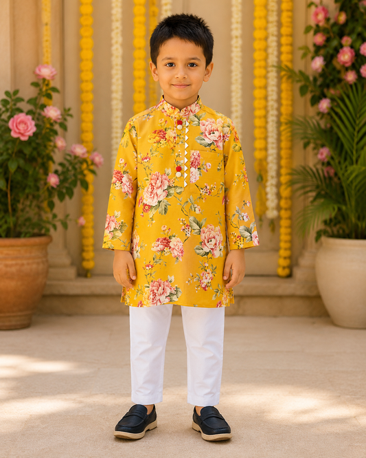 Floral Print Yellow Kurta with Chudidar