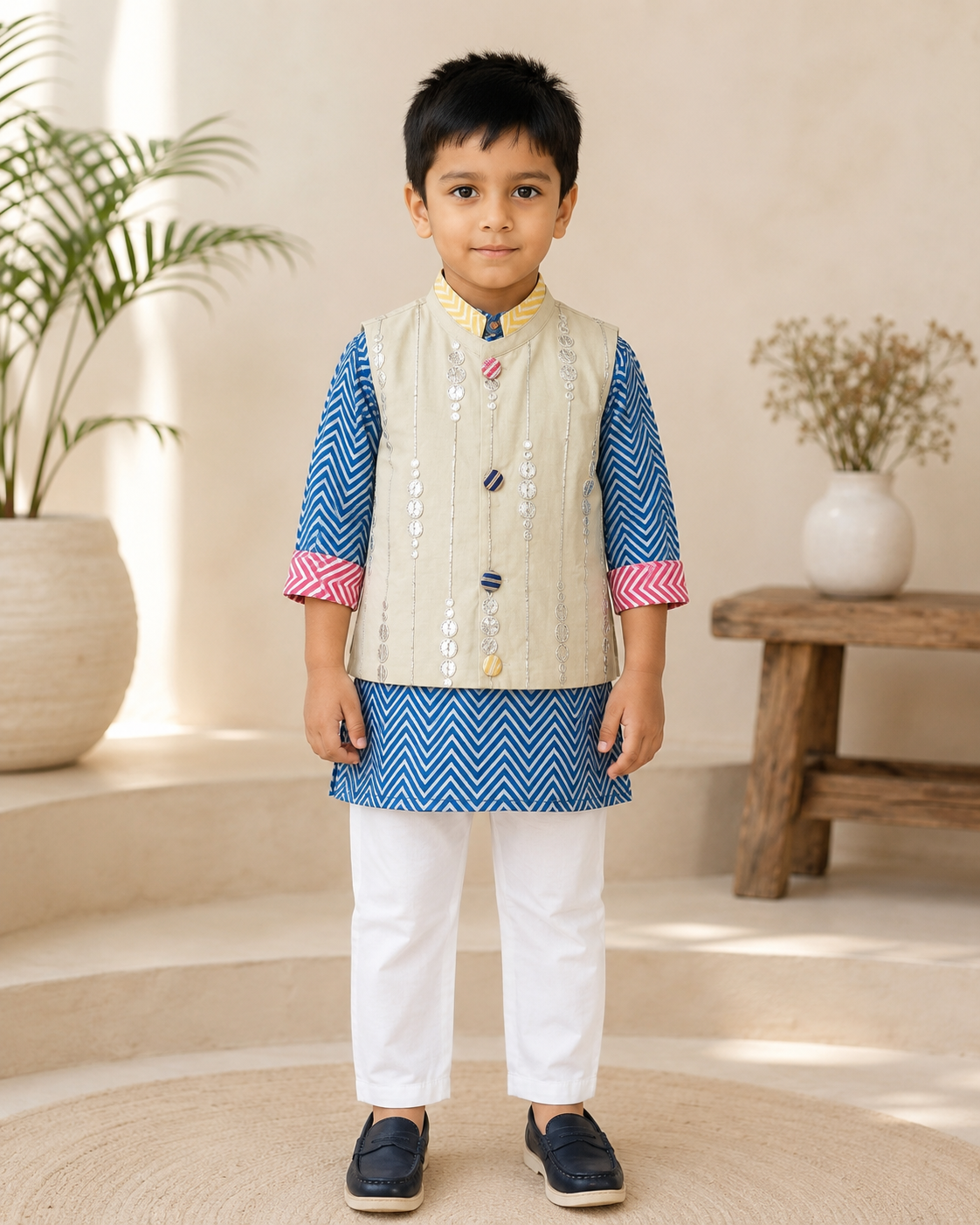 Blue Zig Zag Print Kurta with Abla work Jacket and Chudidar