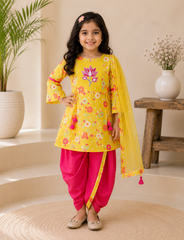 Flower Printed Kurta with Dhoti and Dupatta
