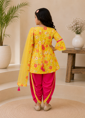 Flower Printed Kurta with Dhoti and Dupatta