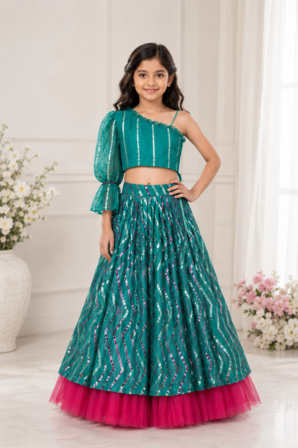 One off Shoulder Embroidered crop top with sequin work Lahenga