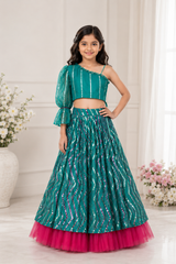 One off Shoulder Embroidered crop top with sequin work Lahenga