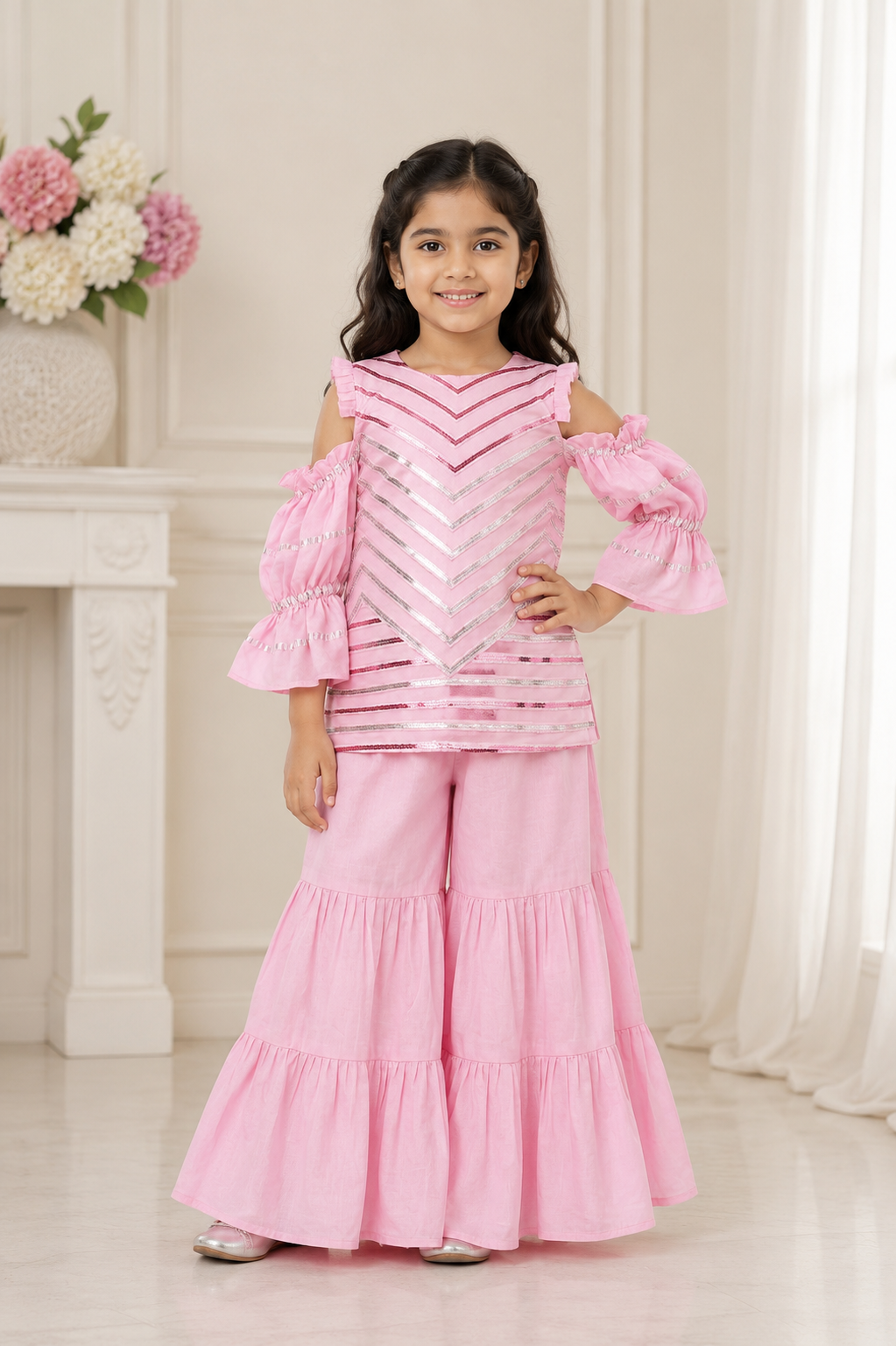 Embroidered Pink Kurta with Balloon Sleeves and Sharara