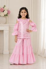 Embroidered Pink Kurta with Balloon Sleeves and Sharara