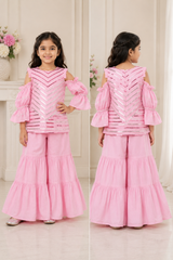 Embroidered Pink Kurta with Balloon Sleeves and Sharara