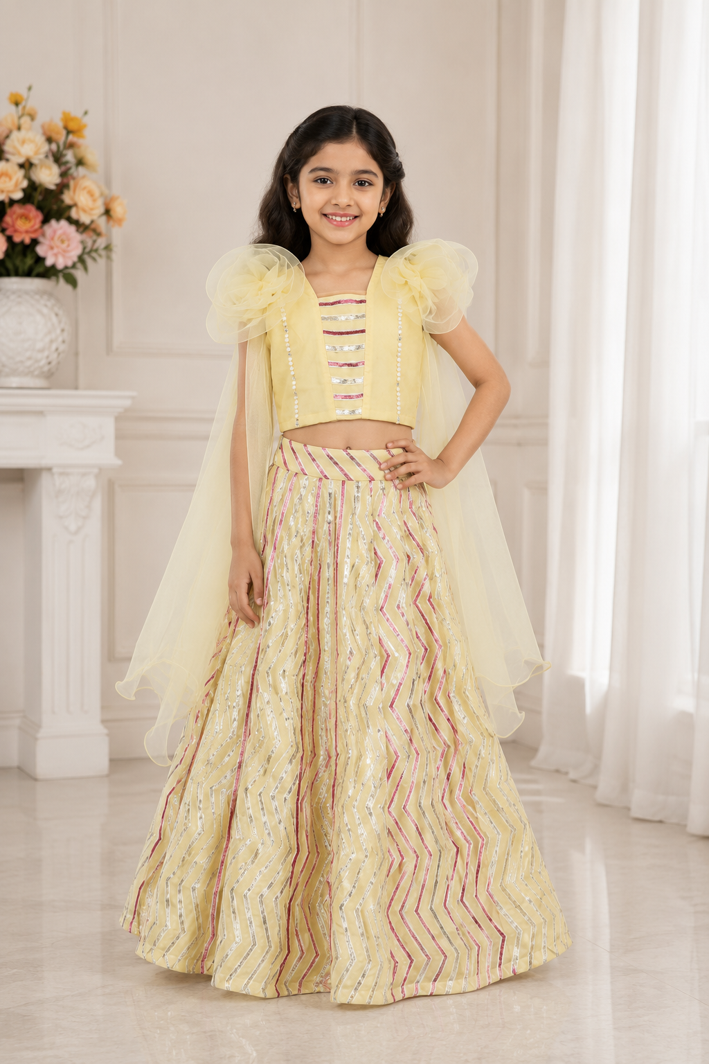 Crop top with 2 side flower attached dupatta and sequin work Lehenga