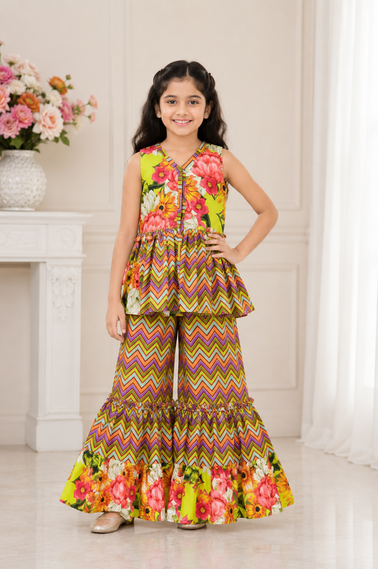 Flower Print Short Kurta with Net Dupatta and Sharara