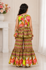 Flower Print Short Kurta with Net Dupatta and Sharara