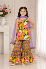 Flower Print Short Kurta with Net Dupatta and Sharara