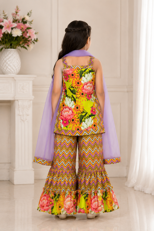 Flower Print Short Kurta with Net Dupatta and Sharara