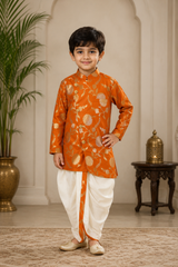 Orange Floral Brocade Asymmetric Kurta With Dhoti