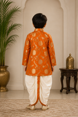 Orange Floral Brocade Asymmetric Kurta With Dhoti