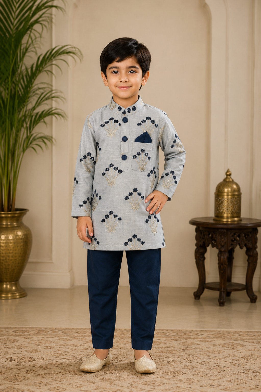 Zari Embroidered Kurta And Navy Blue Pyjama