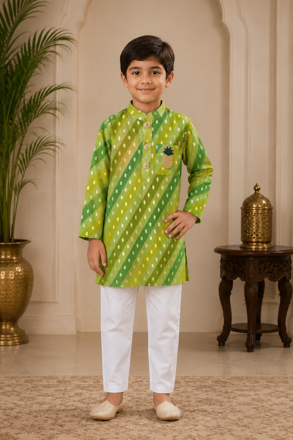 Brocade Embroidered Leheriya Printed Multicolour Kurta And White Pyjama