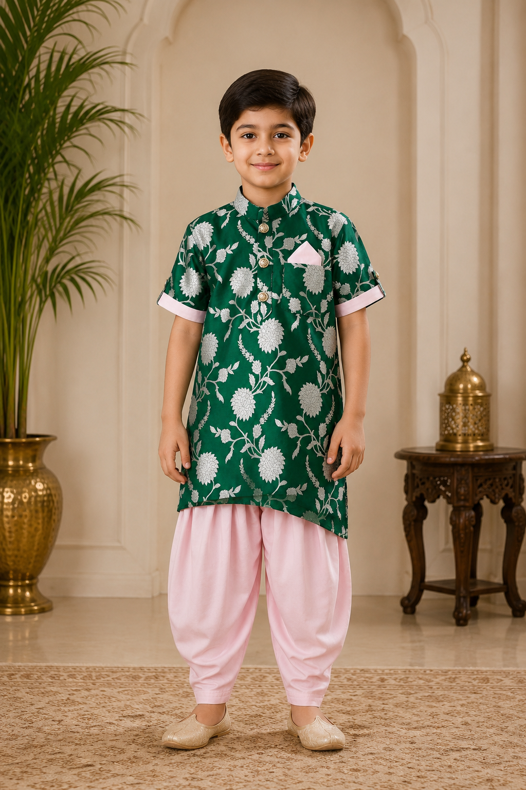 Upturned Sleeves Green Floral Brocade Asymmetric Kurta With Patiala