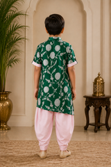 Upturned Sleeves Green Floral Brocade Asymmetric Kurta With Patiala