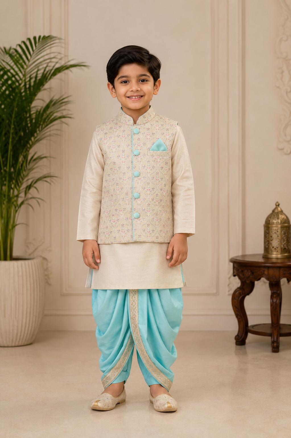 Embroidered Jacket with Beige Kurta and Dhoti