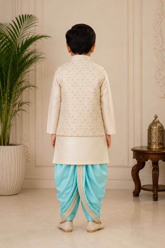 Embroidered Jacket with Beige Kurta and Dhoti